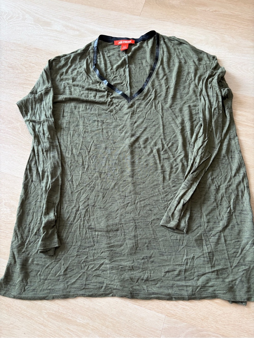 Joe Fresh Olive Green Faux Leather Trim Oversized V-Neck Top S